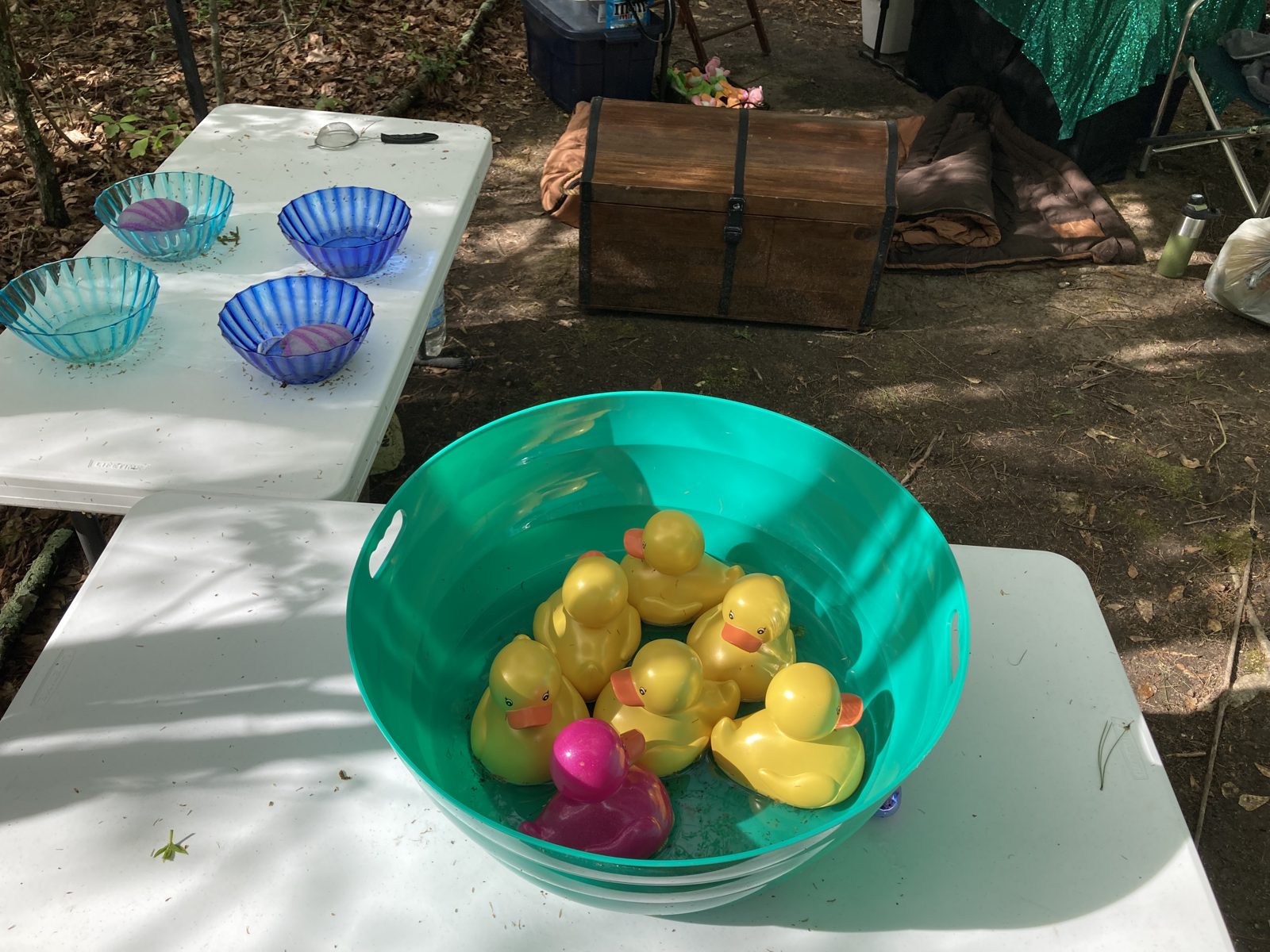 A teal bowl full of rubber ducks for the duck pond game