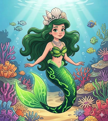 Green-haired mermaid in a kelp forest wearing a shell crown
