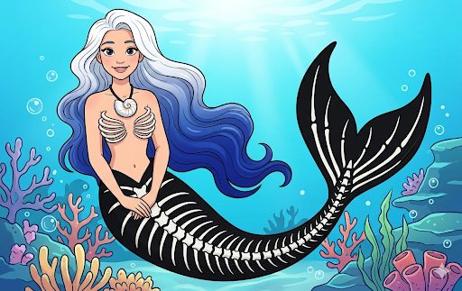 Mermaid with a black skeleton-print tail