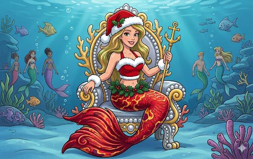 Mermaid in a red holiday tail and Santa hat on a shell throne